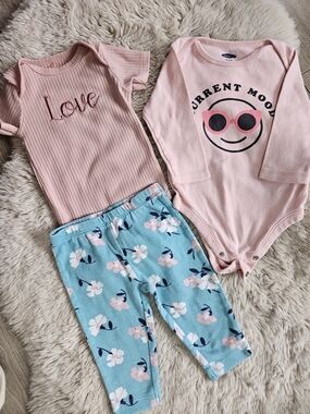 Baby Girl Outfit Set 3Pc Long Sleeve Bodysuit Ribbed Romper Floral Pants 6-12M